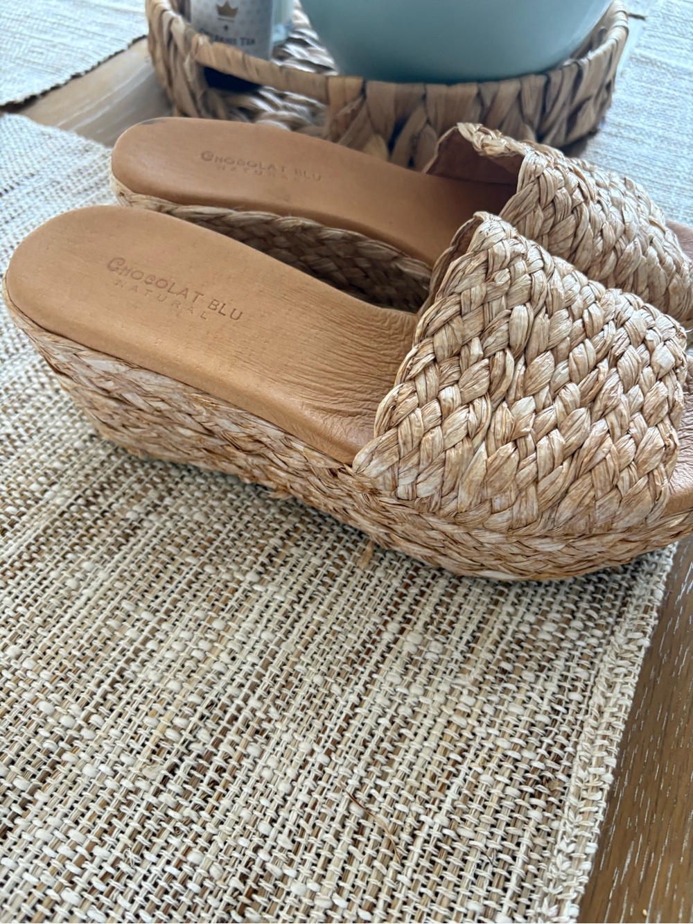 Chocolat Blu Natural Woven Platform Wedge Slides